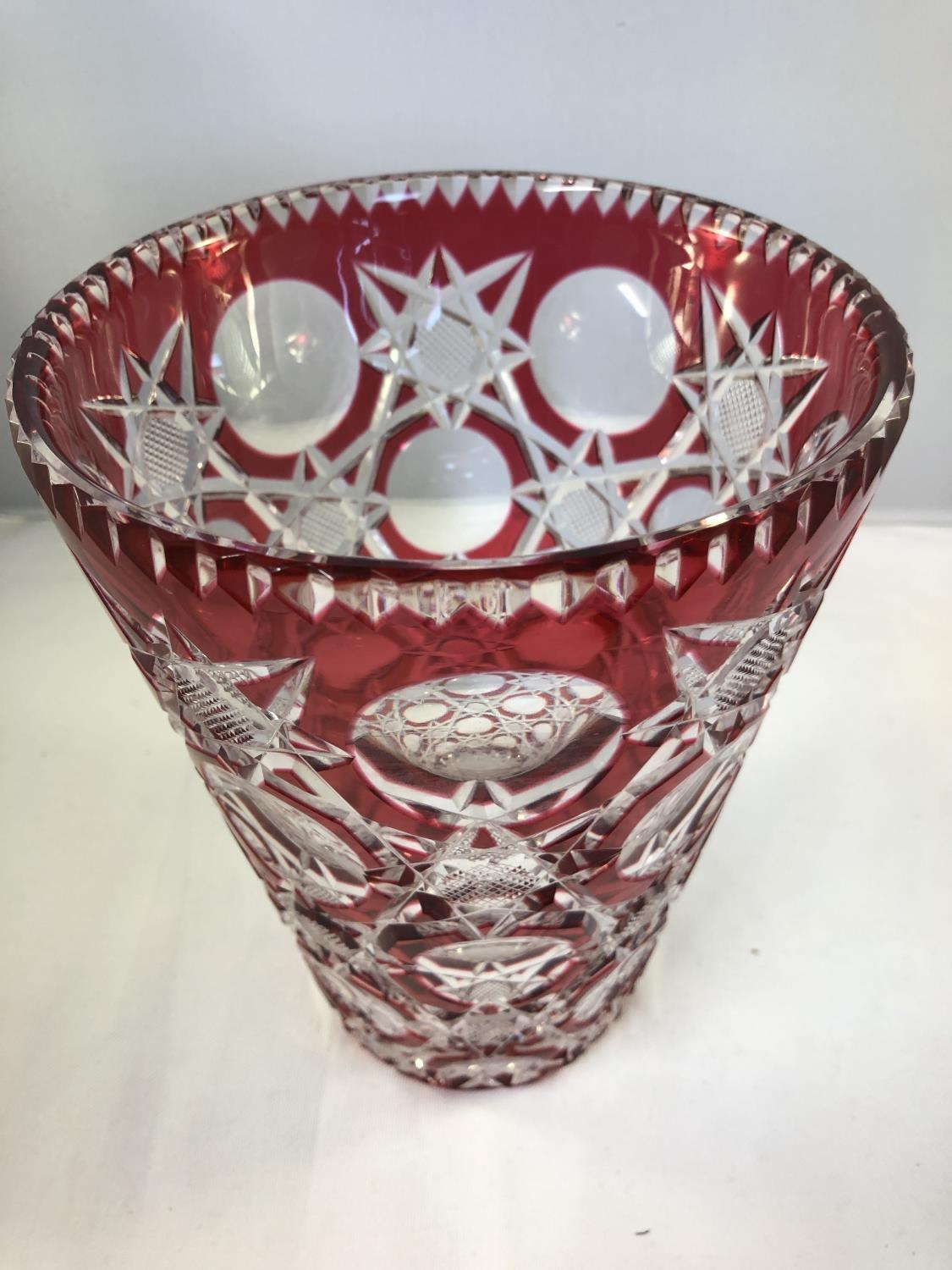Royal Brierley - A constellation cut strawberry red cased bucket vase, cut through to colourless - Image 2 of 5