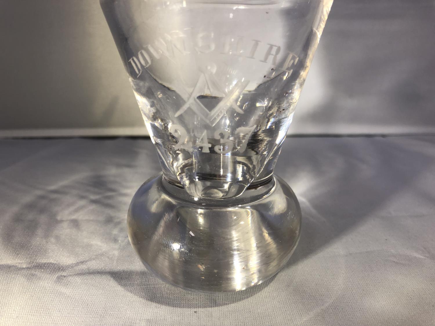 Masonic Glass - A firing glass, engraved Downshire 2437 with square and compasses motif, 9cm high ** - Image 2 of 5