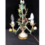 A Mid Century Italian Toleware table lamp, the three lights upon branches with leaves and rose