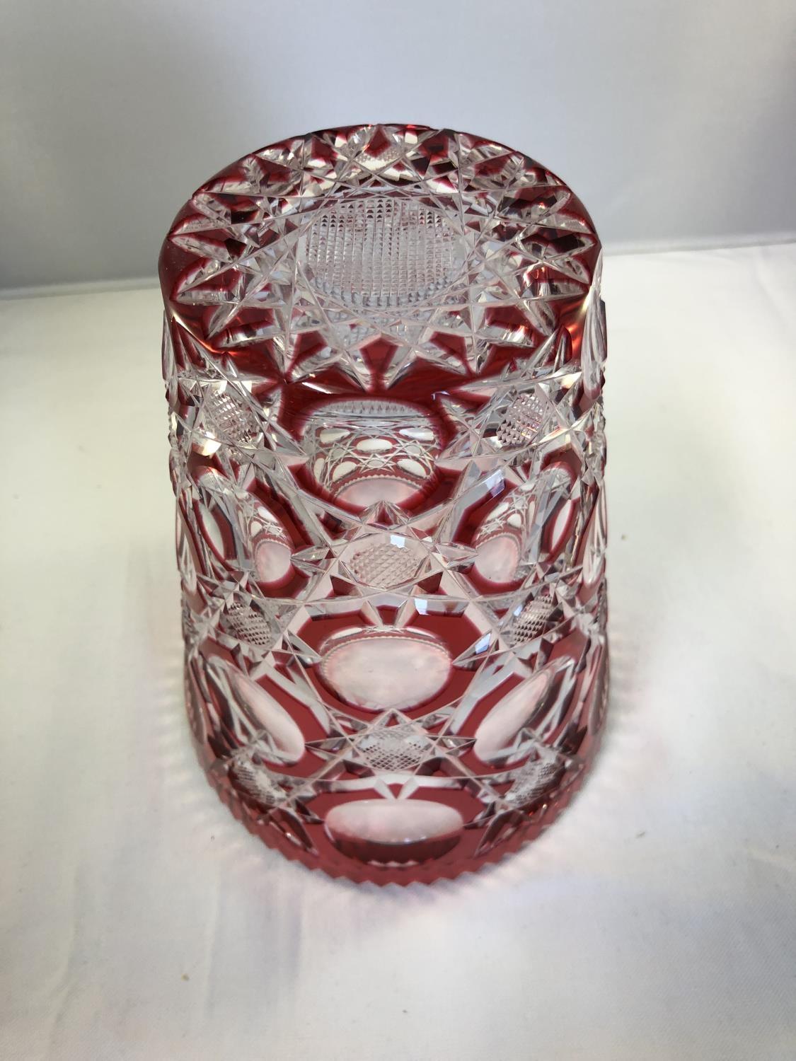 Royal Brierley - A constellation cut strawberry red cased bucket vase, cut through to colourless - Image 5 of 5