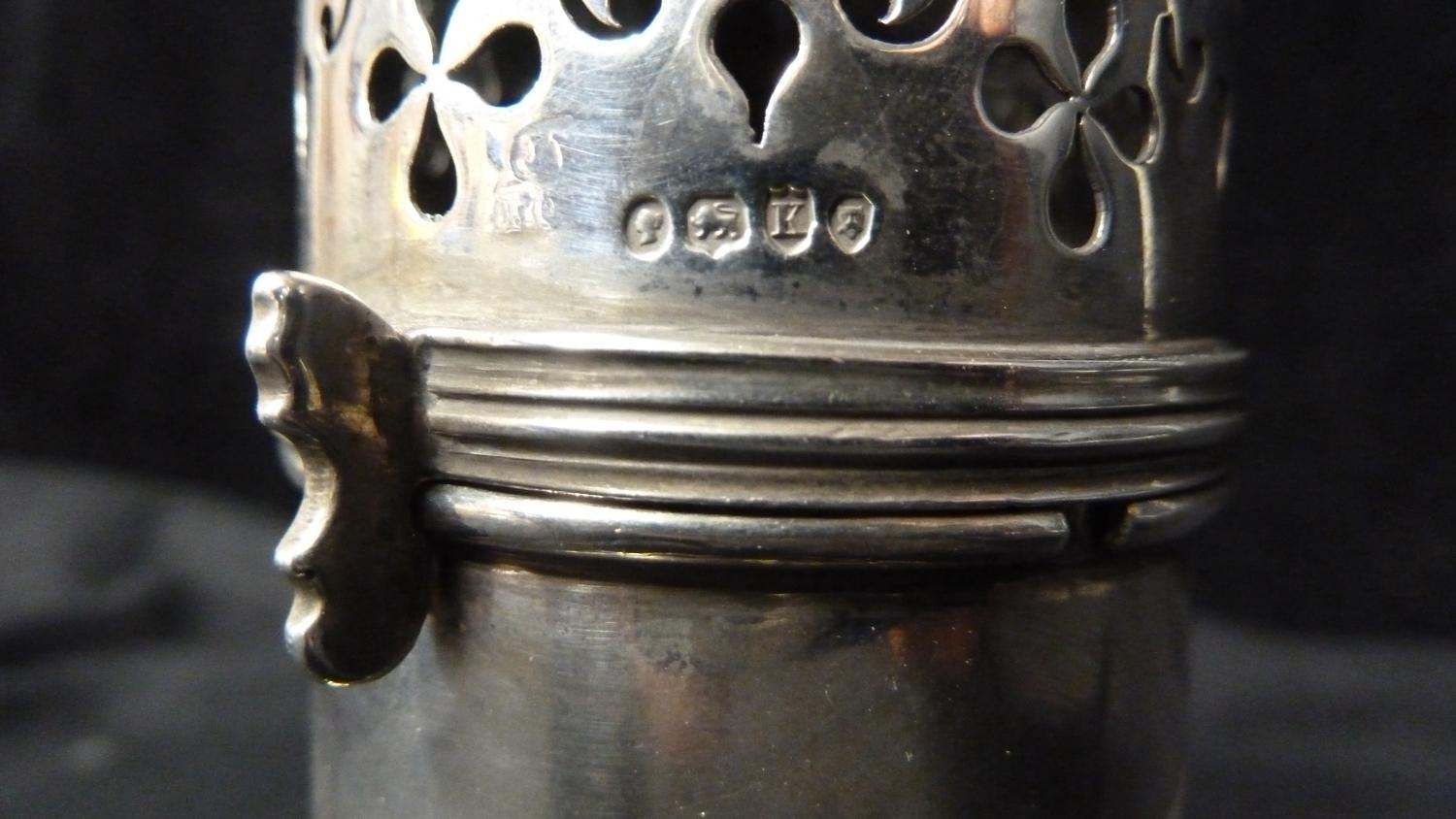 A Silver sugar caster, decorated in Gothic style with foliate 'strapwork' to cover over similar - Image 4 of 4