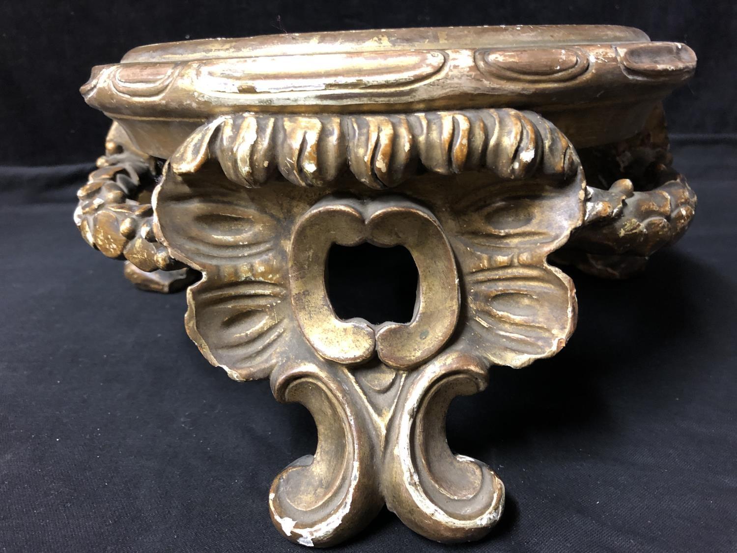 A large gilded gesso vase stand, circular with laurel leaf stretcher and on 'c' scroll feet, - Image 9 of 9