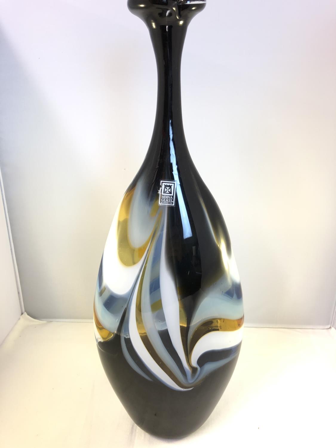 Mdina Glass - A large flattened bottle form vase, of amber, dark blue and white colour, original - Image 2 of 6