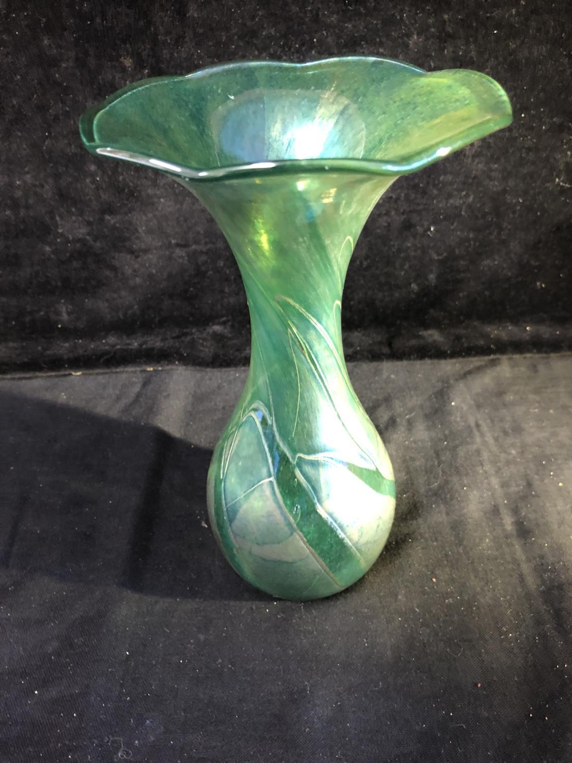 Isle of Wight- A pair of convolvulus bud form glass vases of nacreous green blue colour, 21.5cm - Image 6 of 14