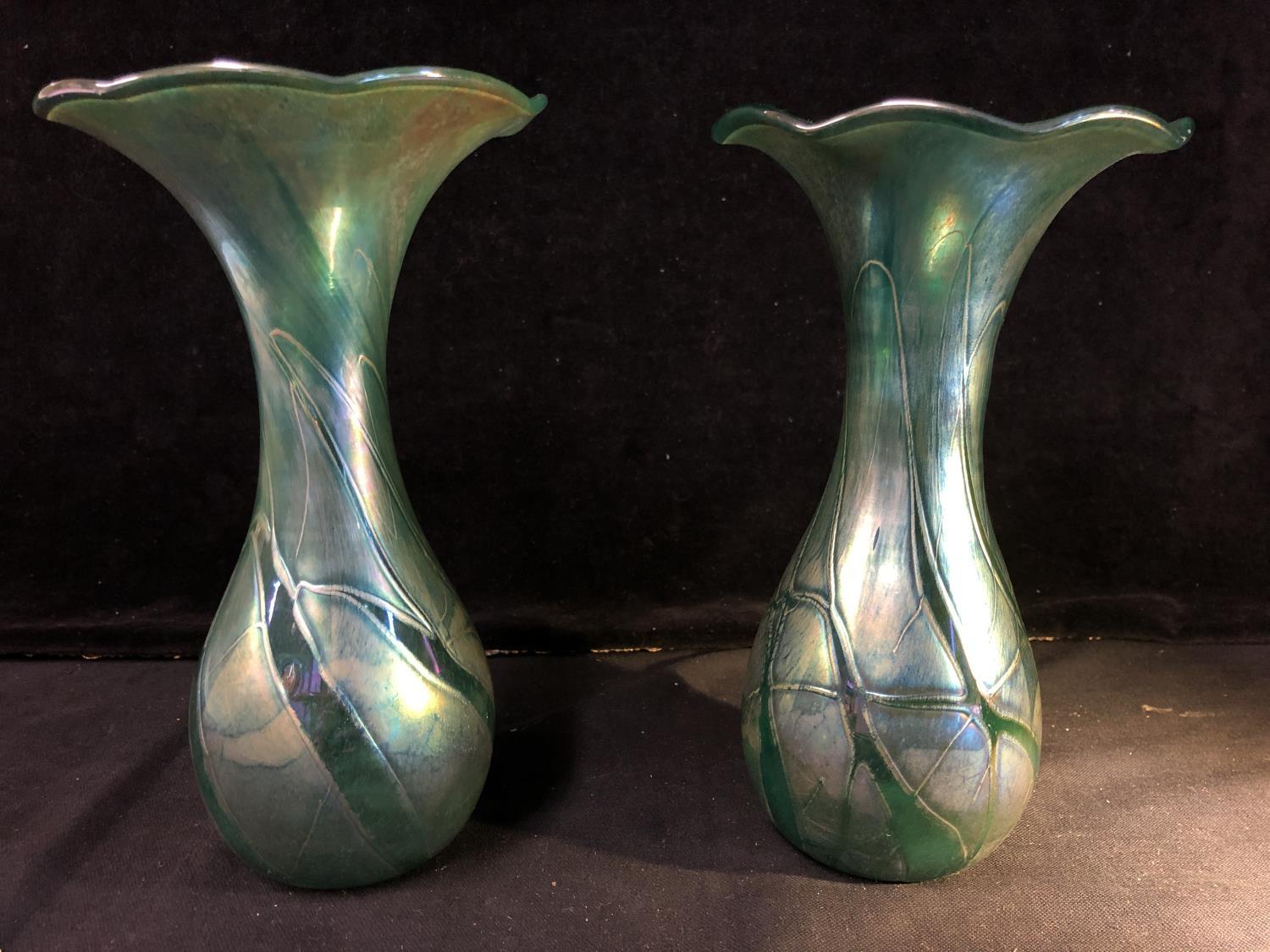 Isle of Wight- A pair of convolvulus bud form glass vases of nacreous green blue colour, 21.5cm