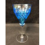 A Walsh Walsh cocktail glass, of funnel bowl with pendant diamond cutting, in electric blue