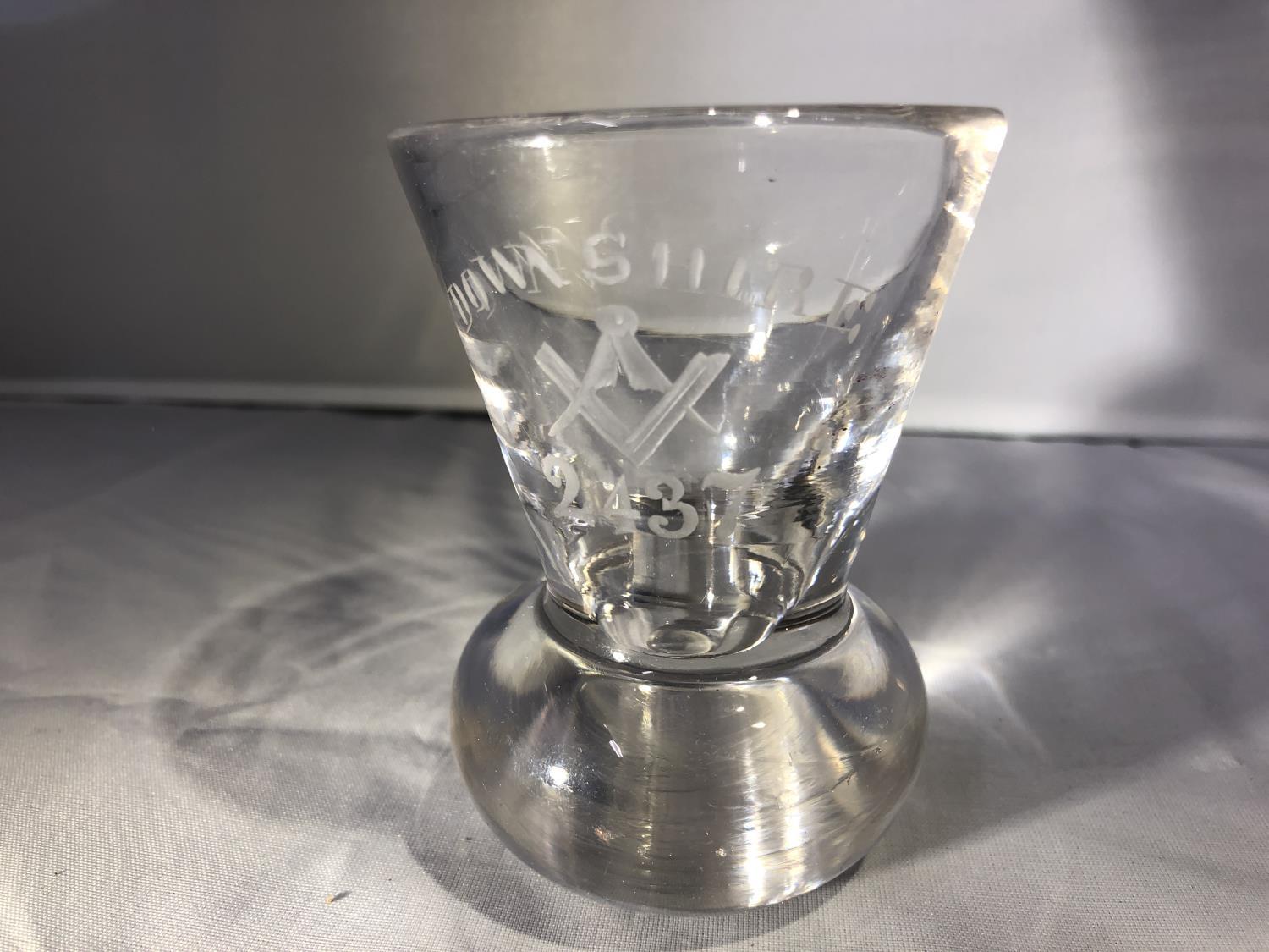 Masonic Glass - A firing glass, engraved Downshire 2437 with square and compasses motif, 9cm high ** - Image 5 of 5