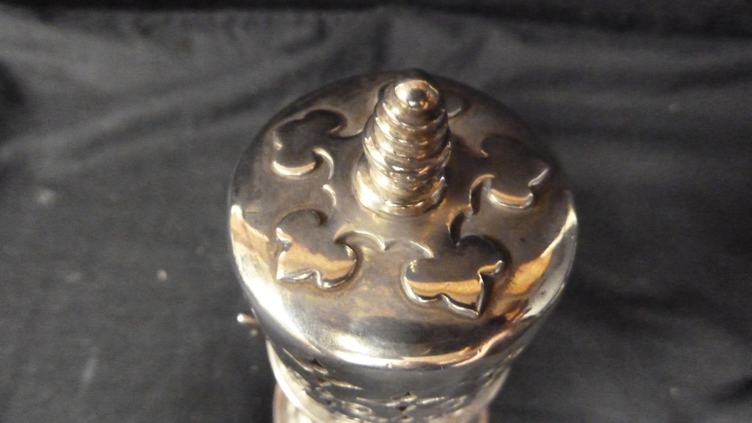 A Silver sugar caster, decorated in Gothic style with foliate 'strapwork' to cover over similar - Image 2 of 4