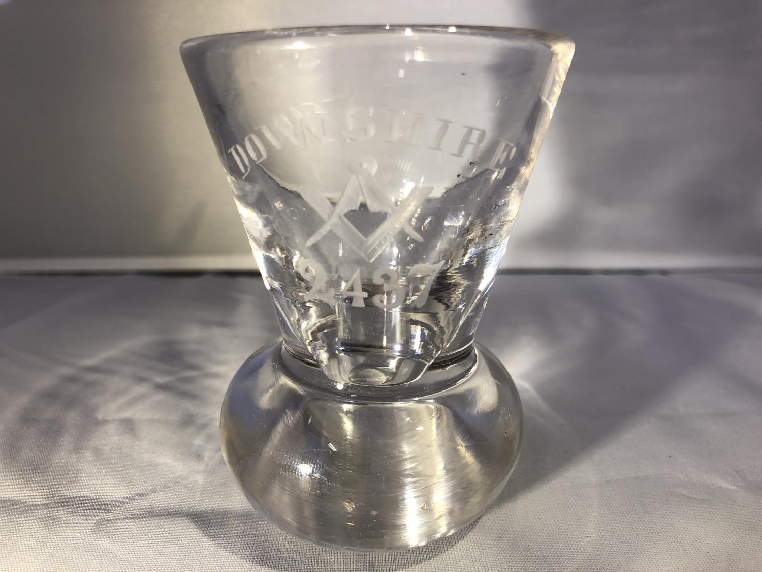Masonic Glass - A firing glass, engraved Downshire 2437 with square and compasses motif, 9cm high **