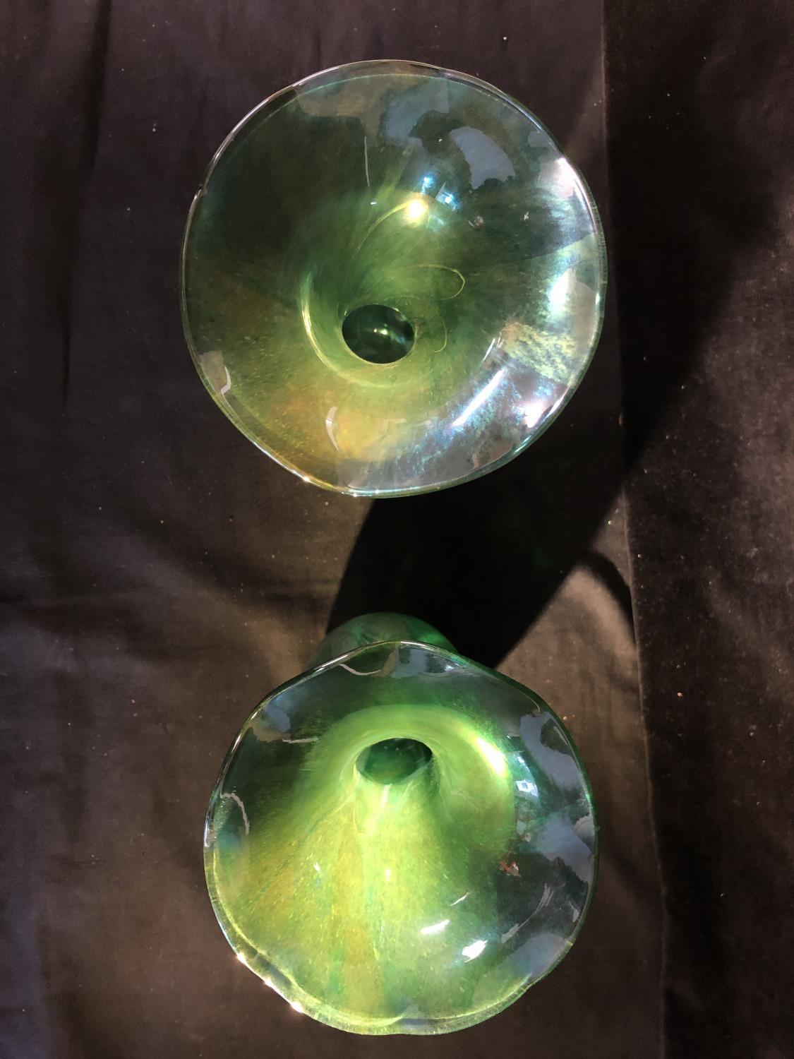 Isle of Wight- A pair of convolvulus bud form glass vases of nacreous green blue colour, 21.5cm - Image 3 of 14