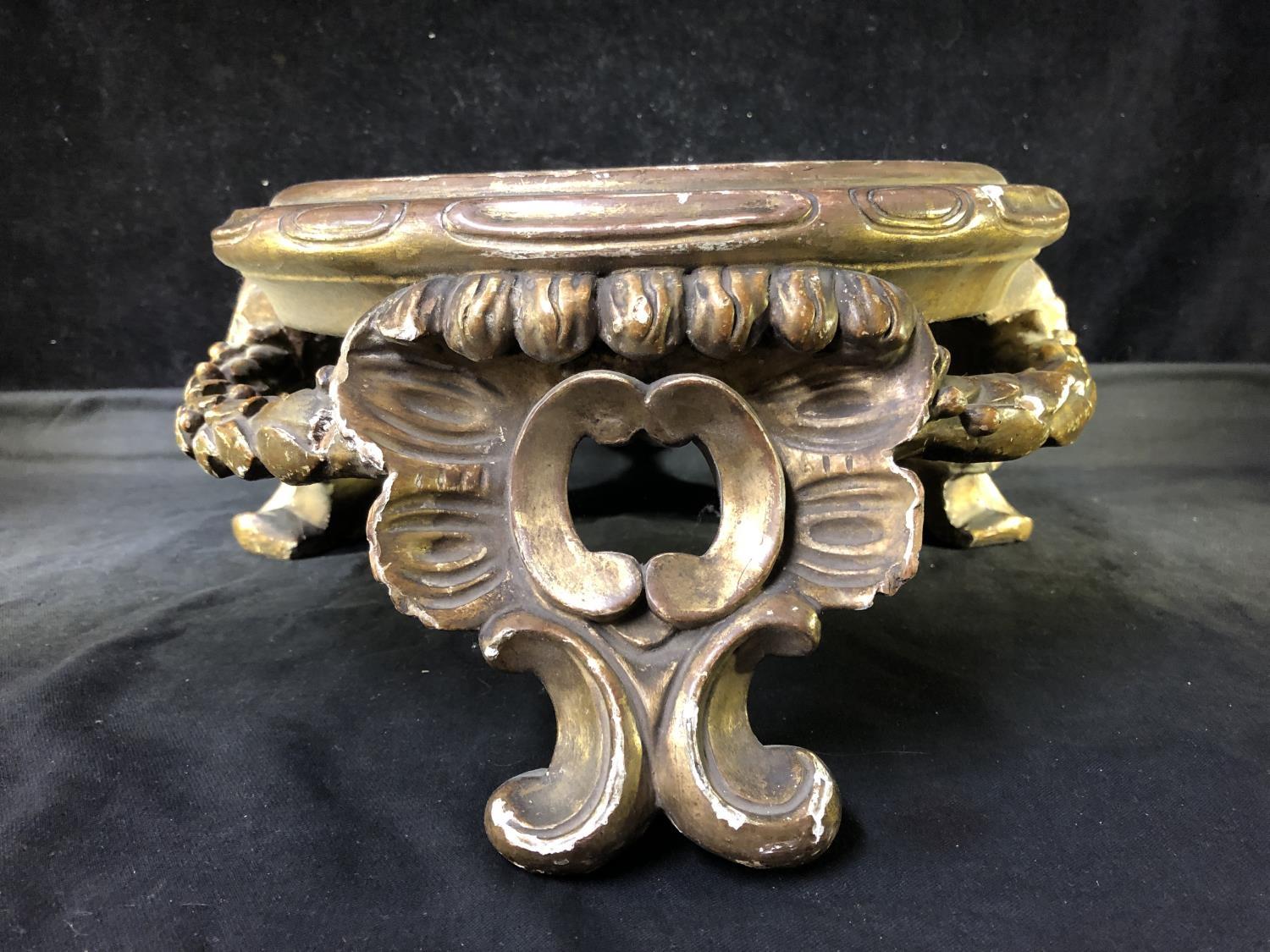 A large gilded gesso vase stand, circular with laurel leaf stretcher and on 'c' scroll feet, - Image 3 of 9