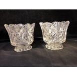 A pair of cut glass bowls, for either sugar or tea mixing, the bell form bowl cut with strawberry