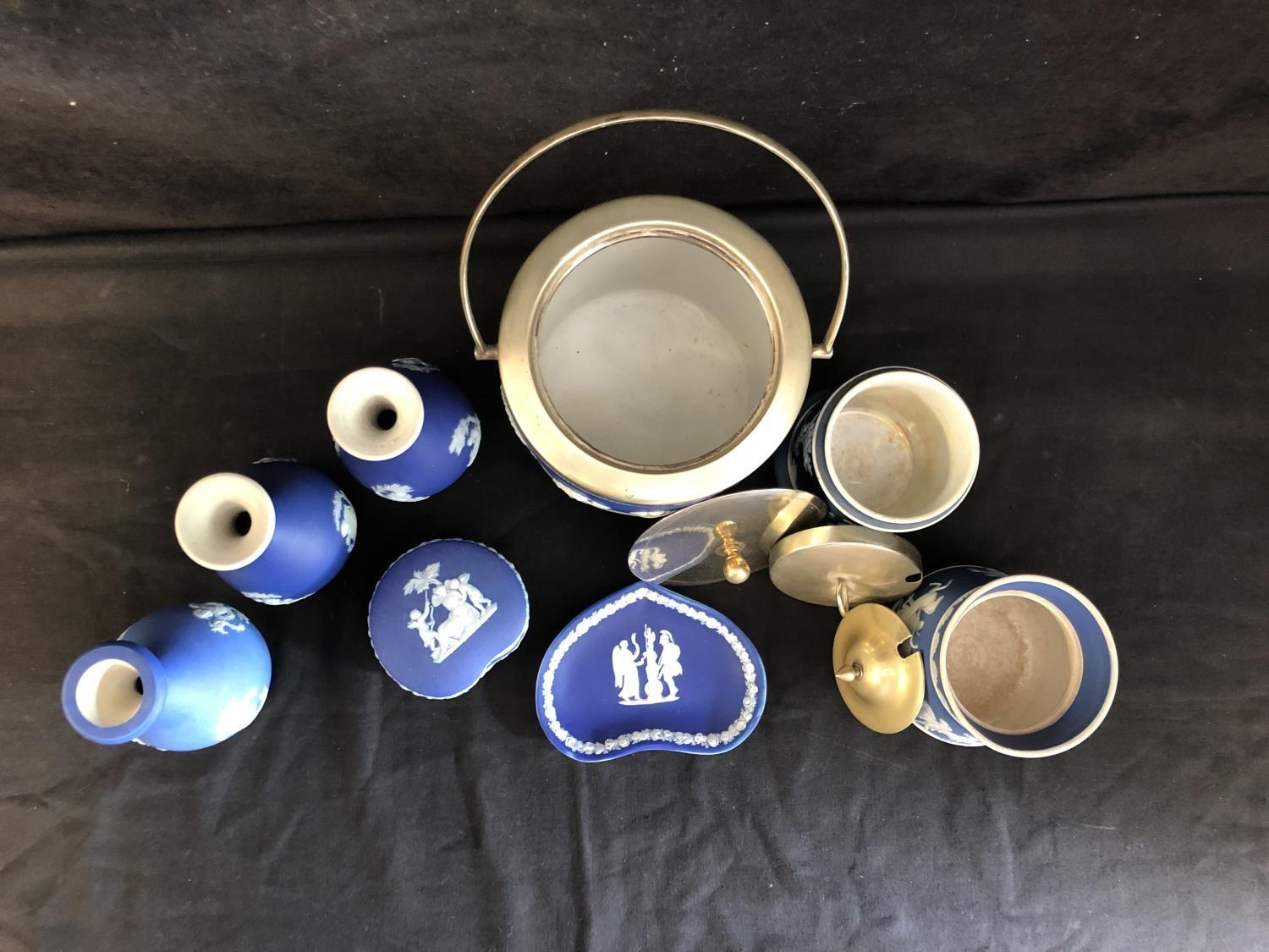 Eight items of Wedgwood blue dipped Jasper, comprising biscuit barrel; three vases, pin tray, and - Image 6 of 11