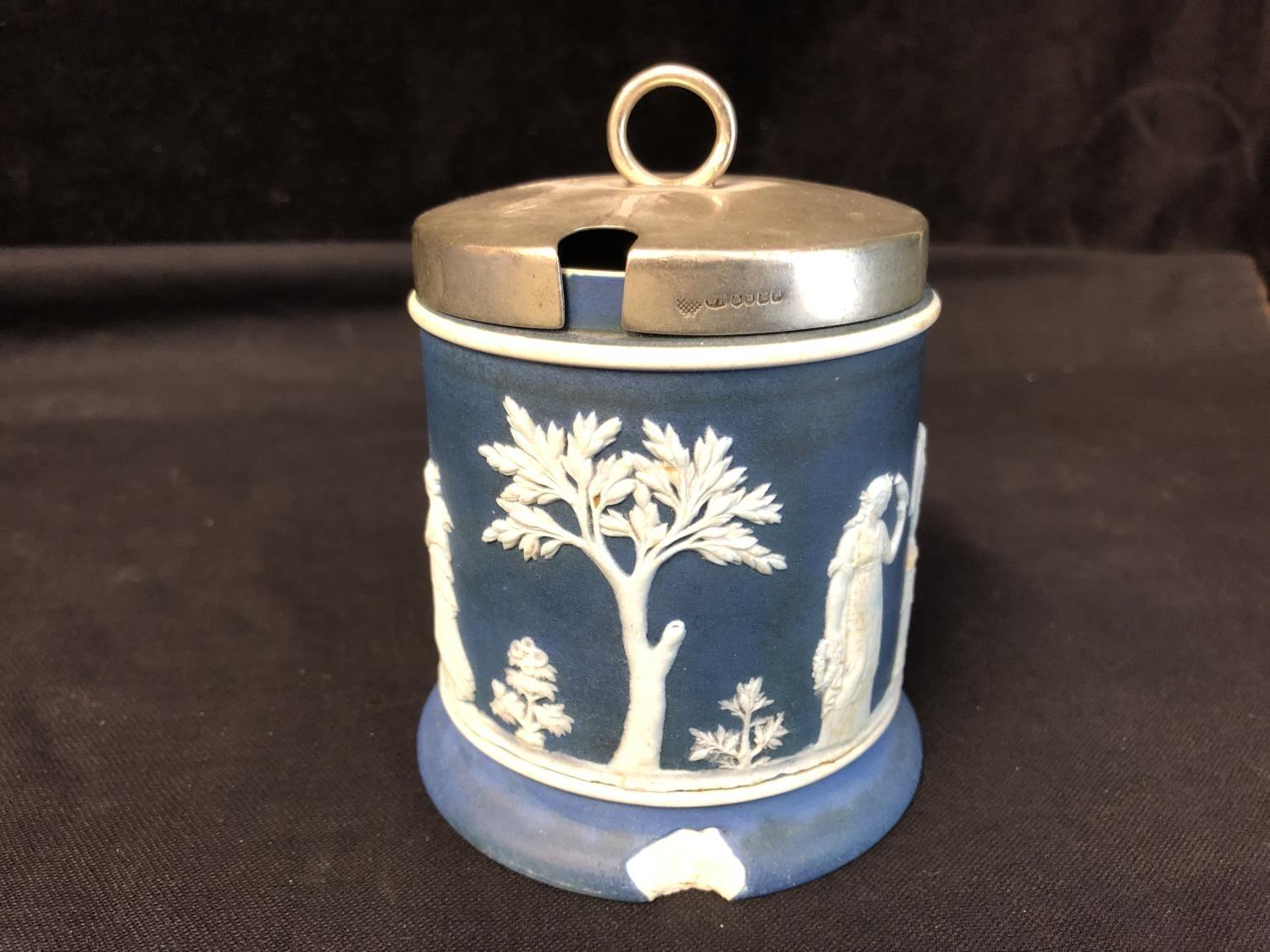 Eight items of Wedgwood blue dipped Jasper, comprising biscuit barrel; three vases, pin tray, and - Image 10 of 11