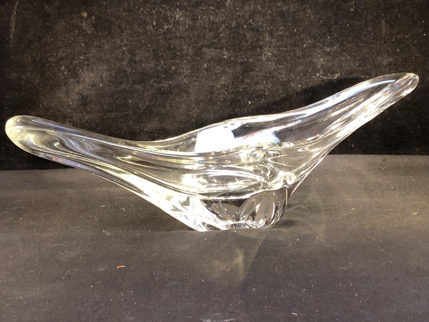 Daum - a Mid- century colourless free-form glass centerpiece dish, hand etched Daum France mark to