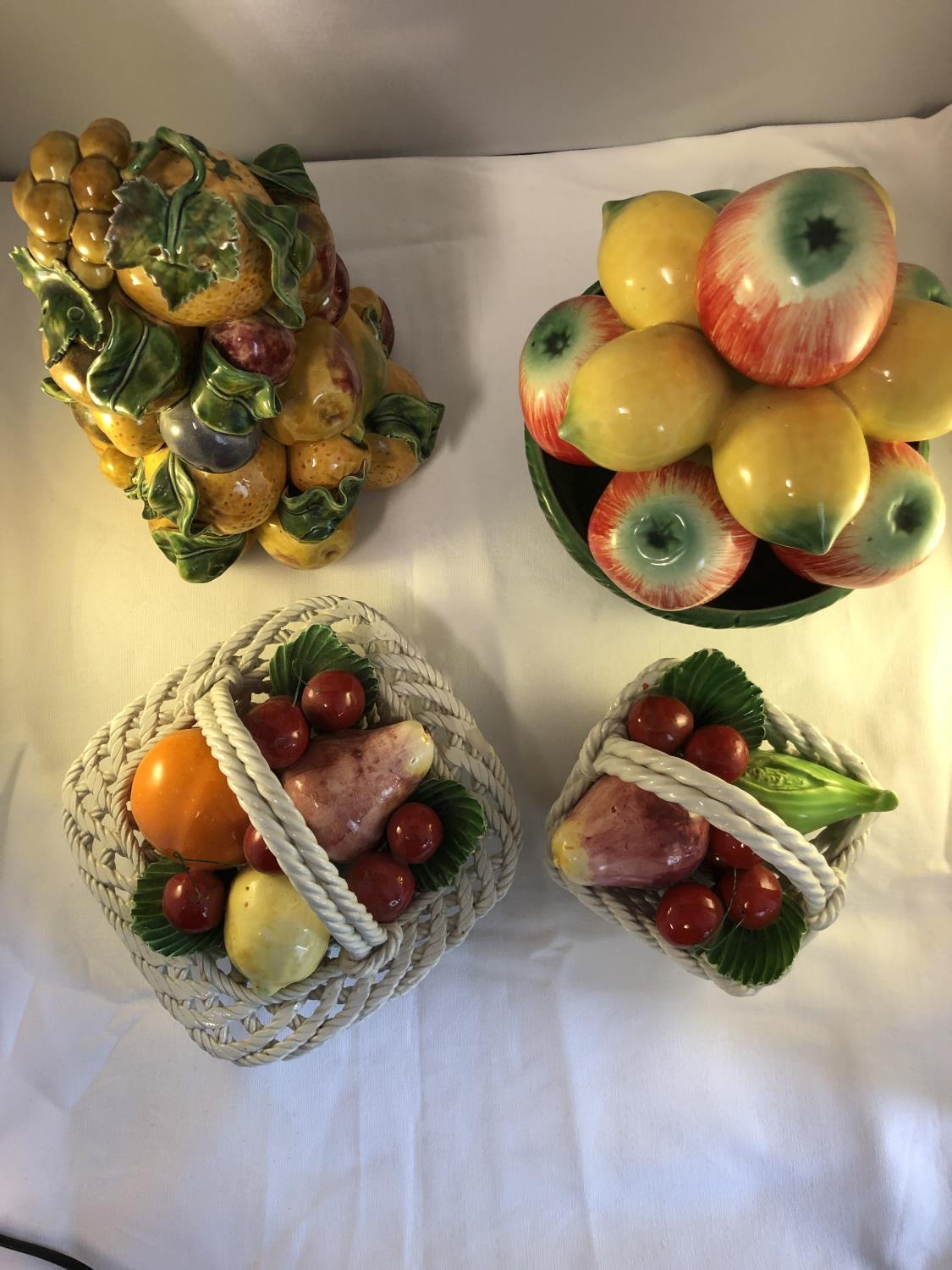 Four Mid Century Italian pottery fruit centerpieces, two arranged within white work baskets, one - Image 4 of 9