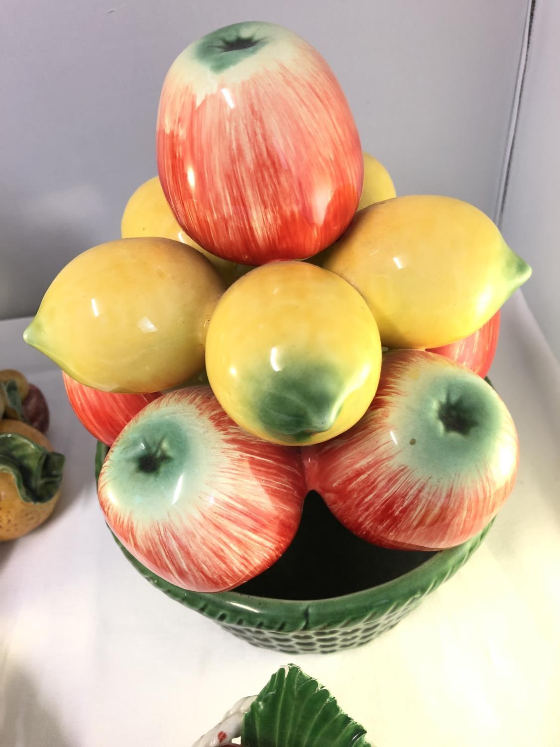 Four Mid Century Italian pottery fruit centerpieces, two arranged within white work baskets, one - Image 5 of 9