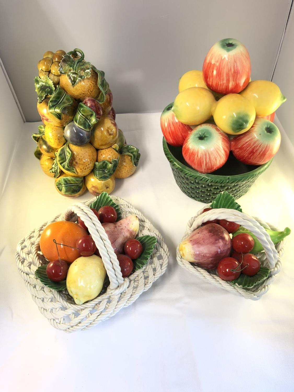 Four Mid Century Italian pottery fruit centerpieces, two arranged within white work baskets, one - Image 3 of 9