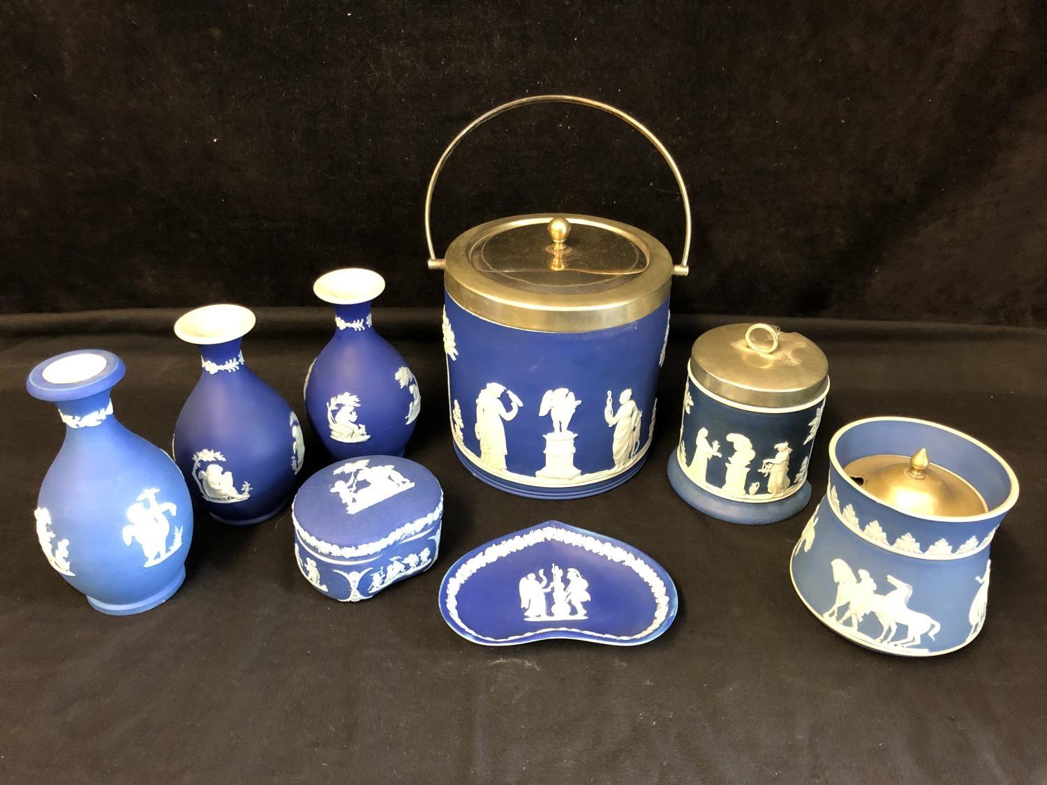Eight items of Wedgwood blue dipped Jasper, comprising biscuit barrel; three vases, pin tray, and - Image 2 of 11