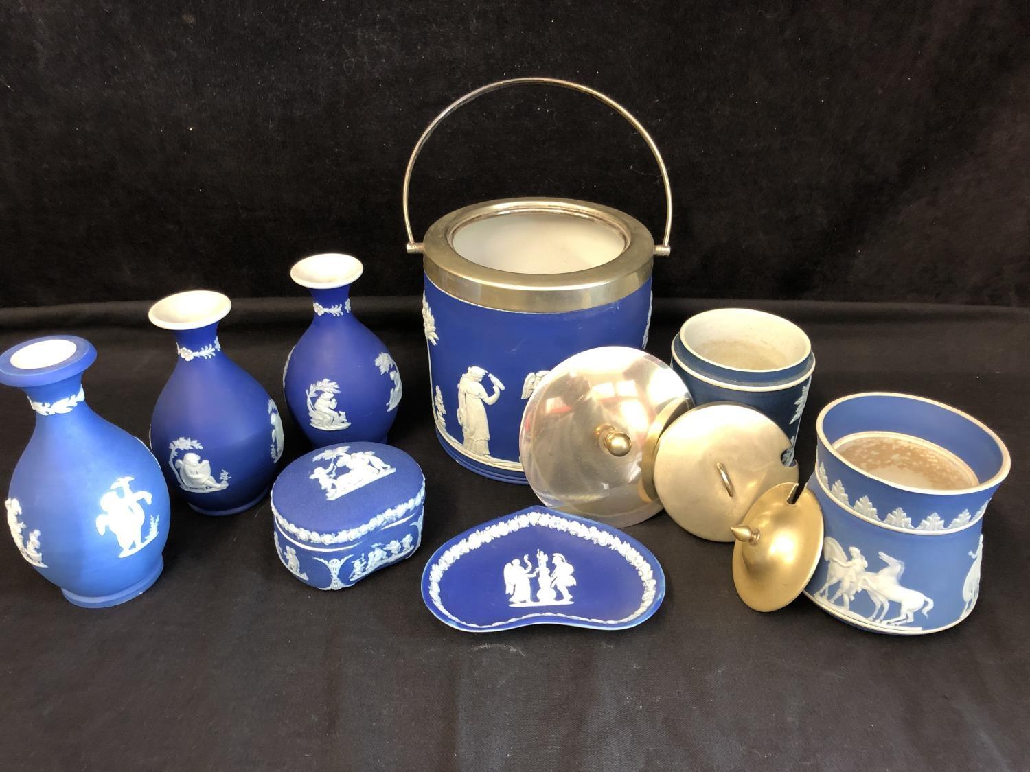 Eight items of Wedgwood blue dipped Jasper, comprising biscuit barrel; three vases, pin tray, and - Image 5 of 11