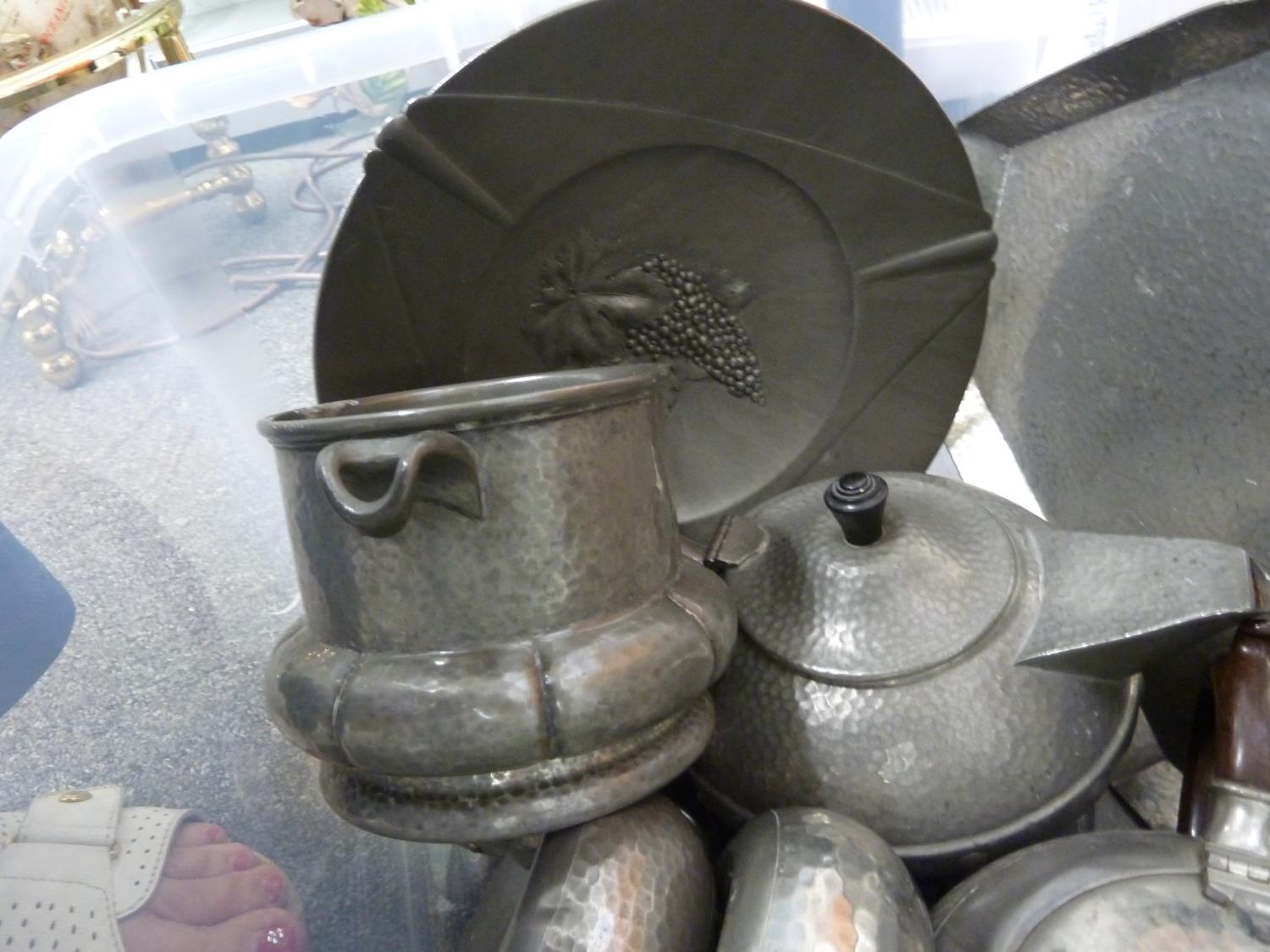 A quantity of pewter wares, including a jardiniere marked Tudric and numbered 01442; tea sets; tea - Image 4 of 4