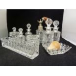 A Val St Lambert glass dressing table service, colourless, decorated with bands of 'strawberry