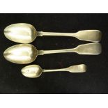 A pair of silver fiddle shape table spoons, London 1855, makers mark GA probably for Chawner &