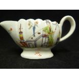 A small Derby porcelain sauce boat, the fluted body painted with chinoiserie figures and vases,