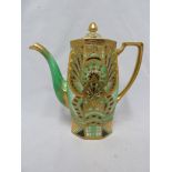 A Noritake porcelain coffee pot and cover, decorated in Art deco style in green and black and richly