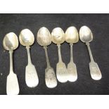 Six matched silver teaspoons, four marked Donegan and hallmarked for Dublin 1865, makers mark ST;