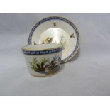 A Gotha porcelain cup and saucer, polychrome painted with groups of wild fowl and scattered