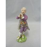 A Meissen figure of a musician, he standing supported by a tree stump playing a wind instrument,