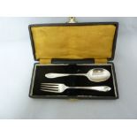 A Silver child's cutlery set, comprises Fork and spoon in presentation case, Sheffield 1944,