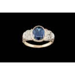 A SAPPHIRE AND DIAMOND RING, one oval cut sapphire of approx 3.02ct and old cut diamonds of approx
