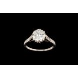 A DIAMOND SOLITAIRE RING, of approx. 1.83ct H/I VS2, with diamond set shoulders, mounted in 18ct