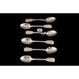 A SET OF SIX VICTORIAN IRISH SILVER FIDDLE PATTERN TEA SPOONS with rattailed bowls by John Smith,