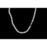 A CULTURED PEARL NECKLACE, princess length of 17'', with 9ct gold clasp, boxed