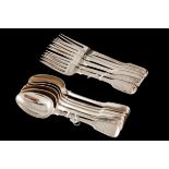 A SET OF SIX WM IV IRISH SILVER FIDDLE PATTERN DESSERT SPOONS AND FORKS by Thomas Farley, Dublin