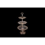 AN ART NOUVEAU THREE TIERED FRENCH EPERGNE CENTRE PIECE, silver plated with circular etched glass