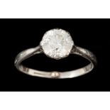 A DIAMOND SOLITAIRE RING, with old cut diamond of approx. 1.20ct J SI, mounted in platinum