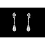 A PAIR OF CULTURED PEARL AND DIAMOND DROP EARRINGS, set throughout with diamonds of approx 3.62ct