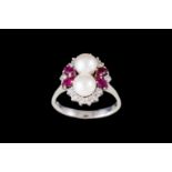 A CULTURED PEARL, RUBY AND DIAMOND DRESS RING, with rubies of approx. 0.42ct in total, diamonds of