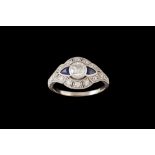 A DIAMOND AND SAPPHIRE RING, with central diamond of approx. 0.50ct, mounted in 18ct white gold