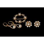 A CULTURED PEARL BROOCH, mounted on 9ct gold; together with two pairs of earrings
