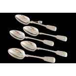 A SET OF FIVE VICTORIAN IRISH SILVER TABLE SPOONS, fiddle pattern, handles with rat tailed bowls, by