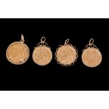 FOUR FULL GOLD SOVEREIGNS, 1872 (shield back), 1886 (bun head), 1912 and 1913, in gold pendant