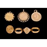 A 10 GILDER PIECE 1877, gold half sovereign 1910, 1827 medallion, four gold rings (22ct, 18ct, an