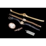 A LADIES TREBEX WRIST WATCH; together with two watches, a cameo brooch, a bar brooch and a silver