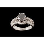 A BLACK DIAMOND SOLITAIRE RING, of approx. 1.34ct in total, mounted in 18ct white gold