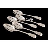 FIVE GEORGIAN SILVER FIDDLE PATTERN SERVING SPOONS, various dates and makers, London HM, 313gms